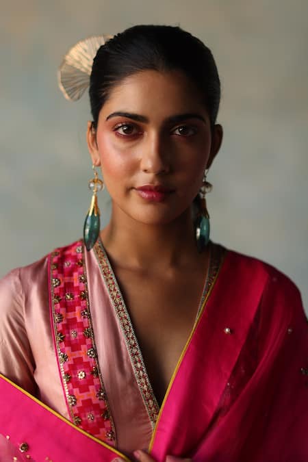 Shop_Rajiramniq_Pink Silk Placement Hand Embroidery Geometric Panel Print Anarkali Palazzo Set _Online_at_Aza_Fashions