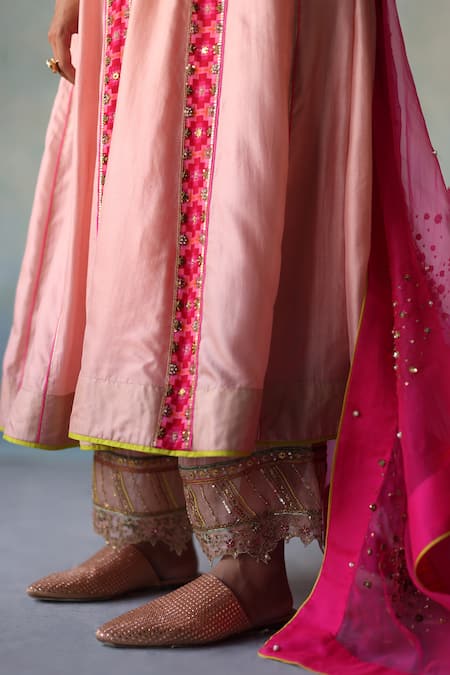 Rajiramniq Pink Silk Placement Hand Embroidery Geometric Panel Print Anarkali Palazzo Set at Aza Fashions Rajiramniq_Pink Silk Placement Hand Embroidery Geometric Panel Print Anarkali Palazzo Set _at_Aza_Fashions