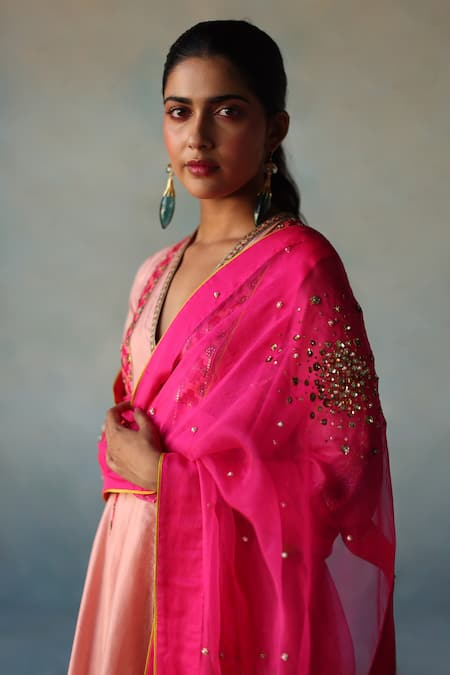 Buy Rajiramniq Pink Silk Placement Hand Embroidery Geometric Panel Print Anarkali Palazzo Set Buy_Rajiramniq_Pink Silk Placement Hand Embroidery Geometric Panel Print Anarkali Palazzo Set