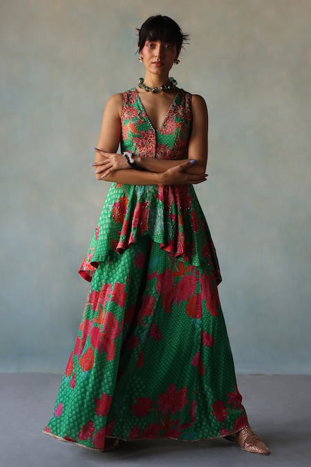 Shop Rajiramniq Green Crepe Print Floral V Neck Short Kurta Sharara Set at Aza Fashions Shop_Rajiramniq_Green Crepe Print Floral V Neck Short Kurta Sharara Set _at_Aza_Fashions