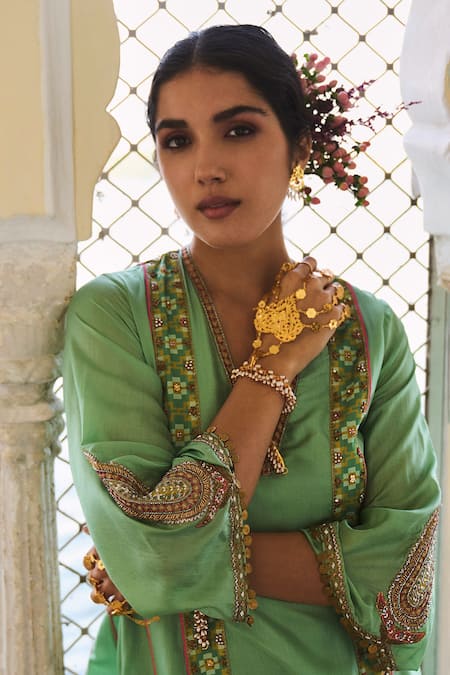 Buy_Rajiramniq_Green Silk Placement Hand Embroidery Cutdana V Neck Anarkali Salwar Set _Online_at_Aza_Fashions