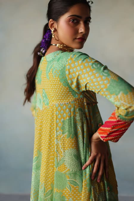 Shop Rajiramniq Yellow Crepe Print Floral Notched Round Neck Bloom Anarkali With Palazzo at Aza Fashions Shop_Rajiramniq_Yellow Crepe Print Floral Notched Round Neck Bloom Anarkali With Palazzo _at_Aza_Fashions