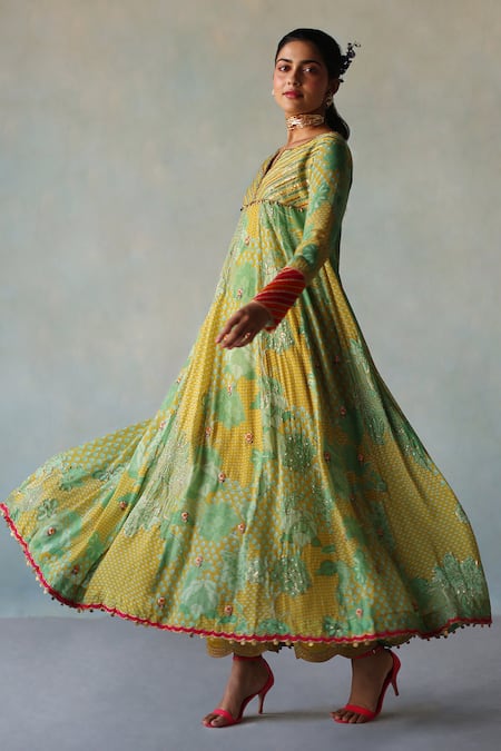 Rajiramniq Yellow Crepe Print Floral Notched Round Neck Bloom Anarkali With Palazzo Online at Aza Fashions Rajiramniq_Yellow Crepe Print Floral Notched Round Neck Bloom Anarkali With Palazzo _Online_at_Aza_Fashions