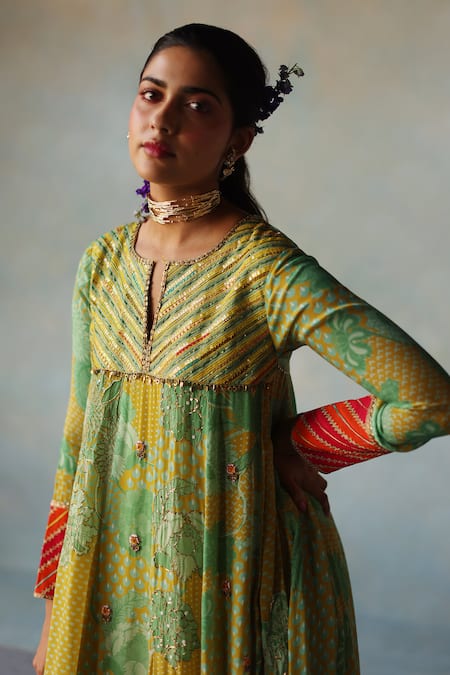 Buy Rajiramniq Yellow Crepe Print Floral Notched Round Neck Bloom Anarkali With Palazzo Online at Aza Fashions Buy_Rajiramniq_Yellow Crepe Print Floral Notched Round Neck Bloom Anarkali With Palazzo _Online_at_Aza_Fashions