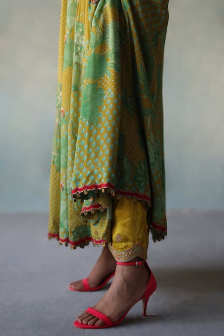 Rajiramniq Yellow Crepe Print Floral Notched Round Neck Bloom Anarkali With Palazzo at Aza Fashions Rajiramniq_Yellow Crepe Print Floral Notched Round Neck Bloom Anarkali With Palazzo _at_Aza_Fashions