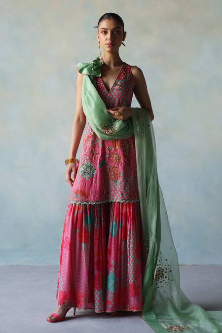 Rajiramniq Pink Crepe Print Floral V Neck Vivid Kurta Gharara Set Online at Aza Fashions Rajiramniq_Pink Crepe Print Floral V Neck Vivid Kurta Gharara Set _Online_at_Aza_Fashions