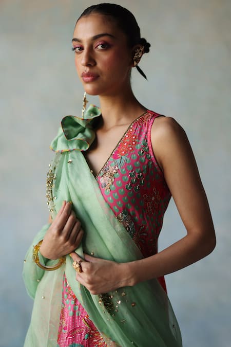 Buy Rajiramniq Pink Crepe Print Floral V Neck Vivid Kurta Gharara Set Online at Aza Fashions Buy_Rajiramniq_Pink Crepe Print Floral V Neck Vivid Kurta Gharara Set _Online_at_Aza_Fashions