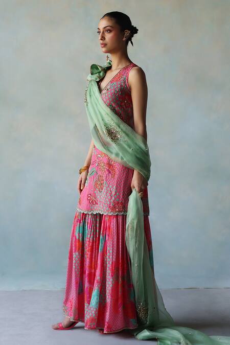 Shop Rajiramniq Pink Crepe Print Floral V Neck Vivid Kurta Gharara Set Online at Aza Fashions Shop_Rajiramniq_Pink Crepe Print Floral V Neck Vivid Kurta Gharara Set _Online_at_Aza_Fashions