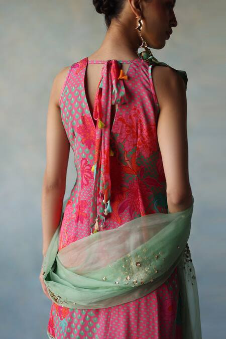 Rajiramniq Pink Crepe Print Floral V Neck Vivid Kurta Gharara Set at Aza Fashions Rajiramniq_Pink Crepe Print Floral V Neck Vivid Kurta Gharara Set _at_Aza_Fashions