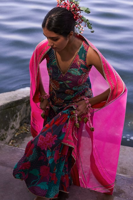 Rajiramniq Blue Crepe Print Floral V Neck Retro Kurta Gharara Set