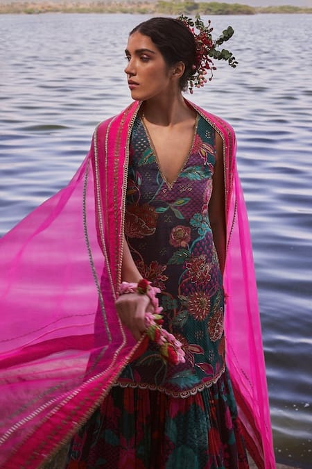 Rajiramniq_Blue Crepe Print Floral V Neck Retro Kurta Gharara Set _Online_at_Aza_Fashions