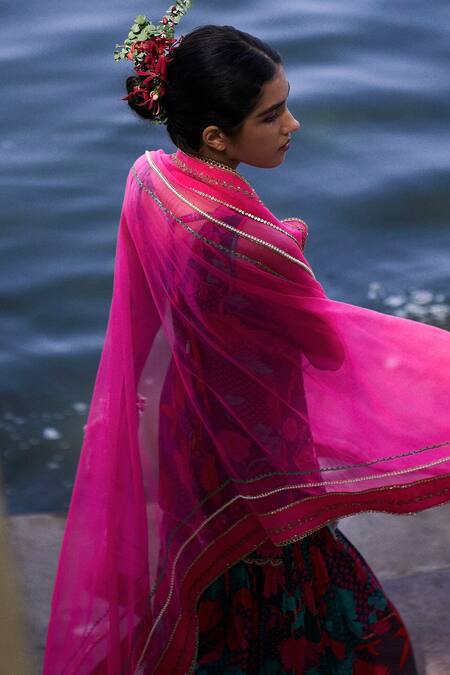 Shop_Rajiramniq_Blue Crepe Print Floral V Neck Retro Kurta Gharara Set _Online_at_Aza_Fashions