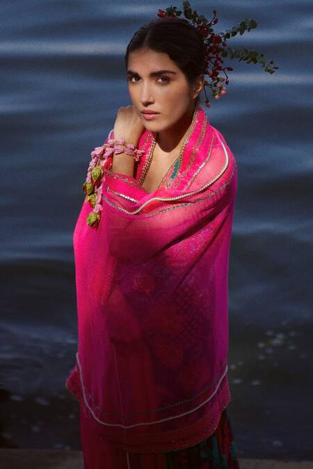 Rajiramniq_Blue Crepe Print Floral V Neck Retro Kurta Gharara Set _at_Aza_Fashions