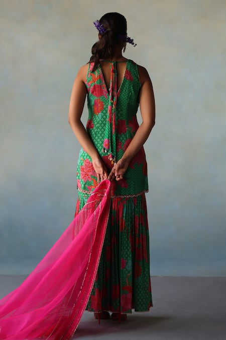 Shop Rajiramniq Green Organza, Crepe Cut Work, Sequins, Floral Blossom Print Kurta Gharara Set at Aza Fashions Shop_Rajiramniq_Green Organza, Crepe Cut Work, Sequins, Floral Blossom Print Kurta Gharara Set _at_Aza_Fashions