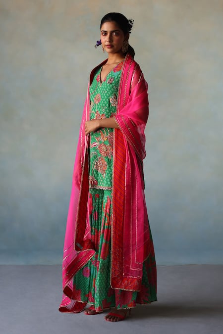 Rajiramniq Green Organza, Crepe Cut Work, Sequins, Floral Blossom Print Kurta Gharara Set Online at Aza Fashions Rajiramniq_Green Organza, Crepe Cut Work, Sequins, Floral Blossom Print Kurta Gharara Set _Online_at_Aza_Fashions