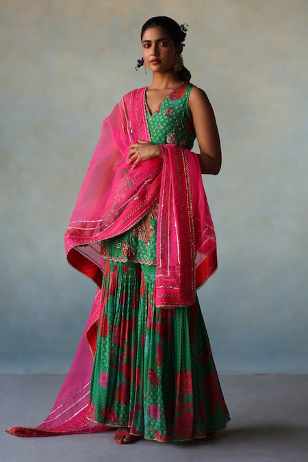 Buy Rajiramniq Green Organza, Crepe Cut Work, Sequins, Floral Blossom Print Kurta Gharara Set Online at Aza Fashions Buy_Rajiramniq_Green Organza, Crepe Cut Work, Sequins, Floral Blossom Print Kurta Gharara Set _Online_at_Aza_Fashions