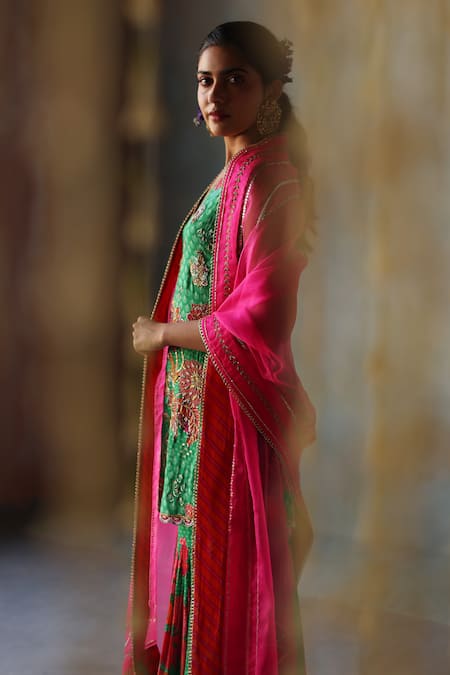 Rajiramniq Green Organza, Crepe Cut Work, Sequins, Floral Blossom Print Kurta Gharara Set at Aza Fashions Rajiramniq_Green Organza, Crepe Cut Work, Sequins, Floral Blossom Print Kurta Gharara Set _at_Aza_Fashions