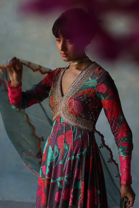 Shop_Rajiramniq_Blue Crepe Print Retro Floral V Neck Anarkali With Dupatta _Online_at_Aza_Fashions