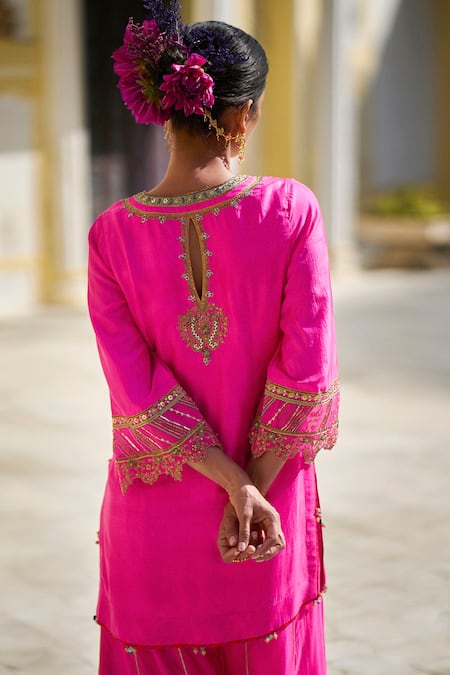 Rajiramniq Silk Placement Embroidered Kurta & Sharara Set 