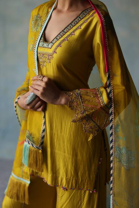 Buy_Rajiramniq_Yellow Silk, Organza Embroidery, Sequins, Gota Patti Placement Kurta Set _Online_at_Aza_Fashions