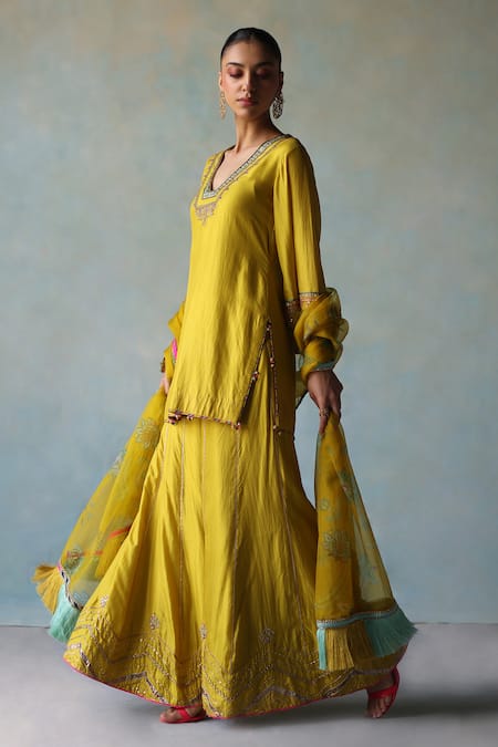 Shop_Rajiramniq_Yellow Silk, Organza Embroidery, Sequins, Gota Patti Placement Kurta Set _Online_at_Aza_Fashions