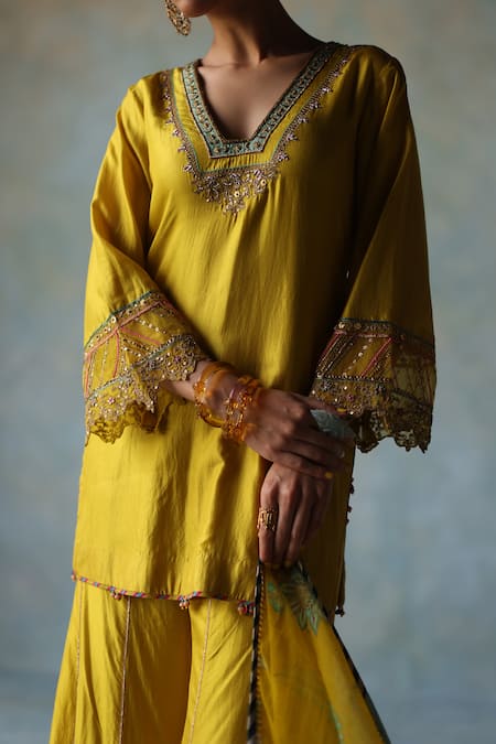 Rajiramniq_Yellow Silk, Organza Embroidery, Sequins, Gota Patti Placement Kurta Set _at_Aza_Fashions
