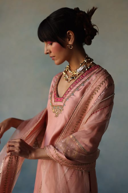 Rajiramniq_Pink Silk, Organza Embroidery, Sequins, Beads, Pearls Short Kurta Sharara Set _Online_at_Aza_Fashions