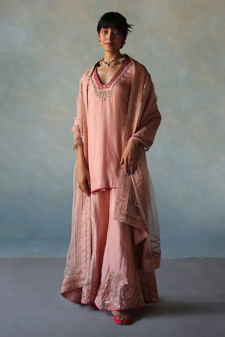 Buy_Rajiramniq_Pink Silk, Organza Embroidery, Sequins, Beads, Pearls Short Kurta Sharara Set _Online_at_Aza_Fashions