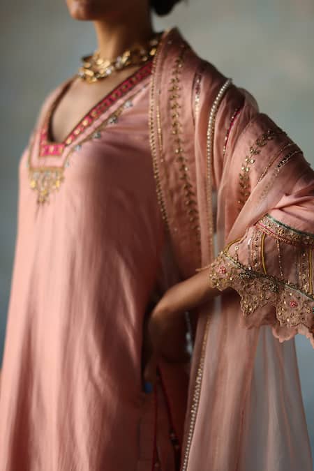 Shop_Rajiramniq_Pink Silk, Organza Embroidery, Sequins, Beads, Pearls Short Kurta Sharara Set _Online_at_Aza_Fashions