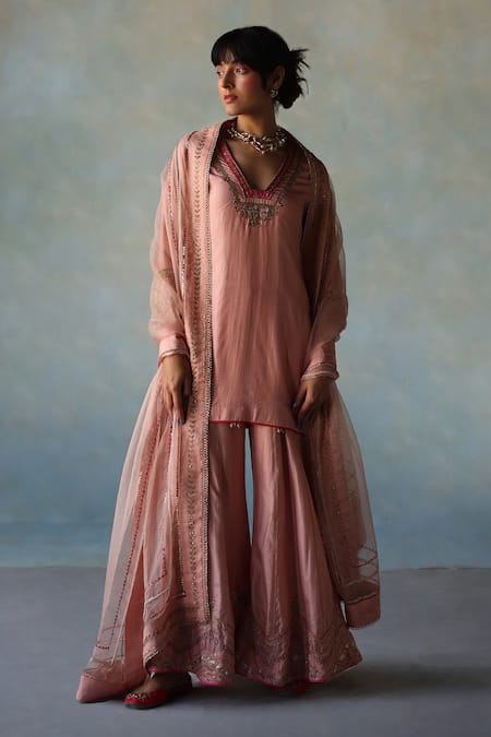 Rajiramniq_Pink Silk, Organza Embroidery, Sequins, Beads, Pearls Short Kurta Sharara Set _at_Aza_Fashions