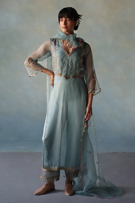 Rajiramniq Floral Embroidered Yoke Kurta Palazzo Set 