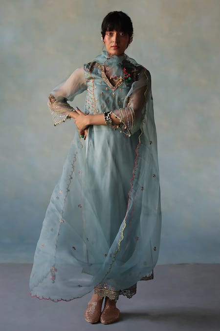 Rajiramniq Floral Embroidered Yoke Kurta Palazzo Set 