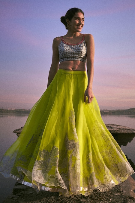 Buy Dark Green And Yellow Multicoloured Embroidered Lehenga Choli In USA,  UK, Canada, Australia, Newzeland online