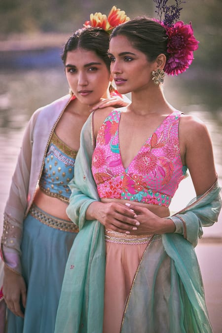 Rajiramniq_Pink Lehenga  Organza Printed Floral Scoop Embroidered Blouse Set _at_Aza_Fashions