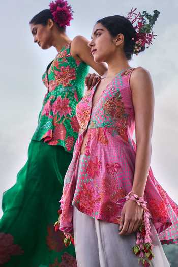 Rajiramniq_Pink Crepe, Organza Sequins, Embroidery V-neck Yoke Short Kurta And Sharara Set _Online_at_Aza_Fashions