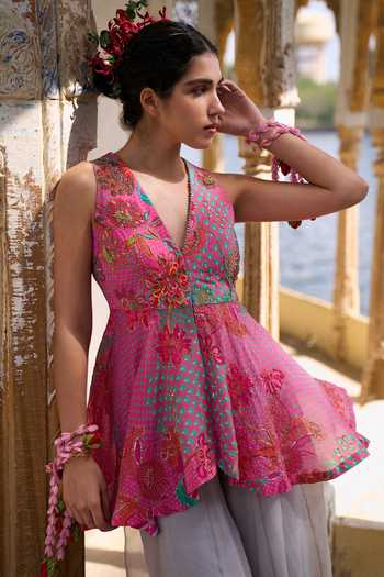 Buy_Rajiramniq_Pink Crepe, Organza Sequins, Embroidery V-neck Yoke Short Kurta And Sharara Set _Online_at_Aza_Fashions