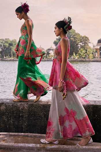 Shop_Rajiramniq_Pink Crepe, Organza Sequins, Embroidery V-neck Yoke Short Kurta And Sharara Set _Online_at_Aza_Fashions