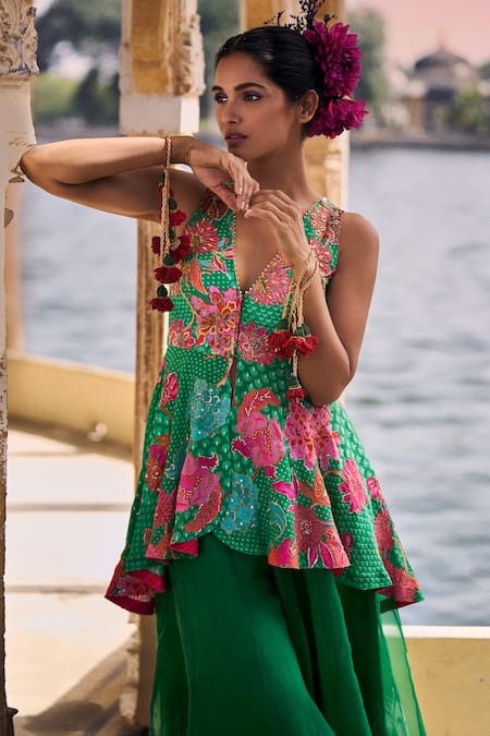 Rajiramniq Green Kurta Crepe Printed Floral V Neck Yoke Embroidered And Sharara Set Online at Aza Fashions Rajiramniq_Green Kurta Crepe Printed Floral V Neck Yoke Embroidered And Sharara Set _Online_at_Aza_Fashions