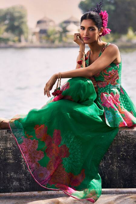 Buy Rajiramniq Green Kurta Crepe Printed Floral V Neck Yoke Embroidered And Sharara Set Online at Aza Fashions Buy_Rajiramniq_Green Kurta Crepe Printed Floral V Neck Yoke Embroidered And Sharara Set _Online_at_Aza_Fashions