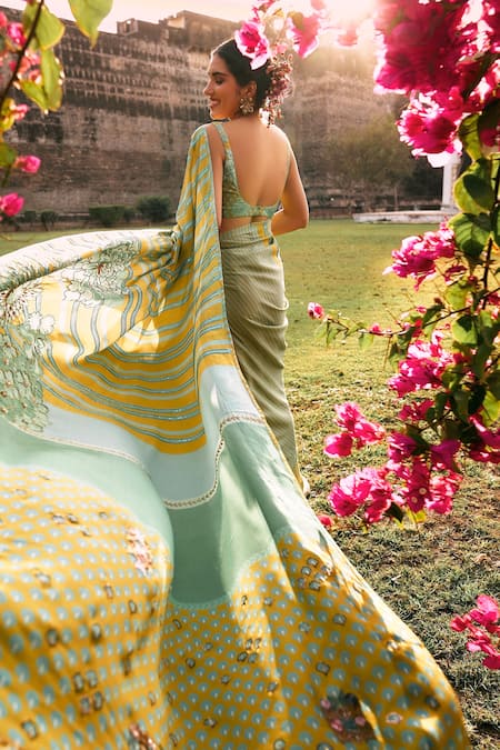 Rajiramniq Green Crepe Sequins, Embroidery Printed Saree With Unstitched Blouse Fabric Online at Aza Fashions Rajiramniq_Green Crepe Sequins, Embroidery Printed Saree With Unstitched Blouse Fabric _Online_at_Aza_Fashions