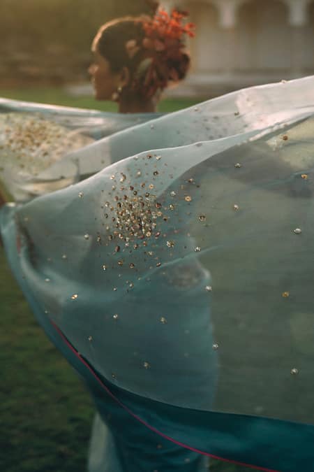 Rajiramniq_Blue Organza, Tissue Hand Embroidered Saree With Unstitched Blouse Fabric _Online_at_Aza_Fashions