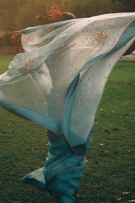 Buy_Rajiramniq_Blue Organza, Tissue Hand Embroidered Saree With Unstitched Blouse Fabric _Online_at_Aza_Fashions