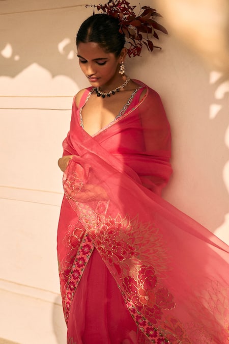 Buy_Rajiramniq_Pink Saree  Organza Printed Floral With Unstitched Blouse Fabric _Online_at_Aza_Fashions