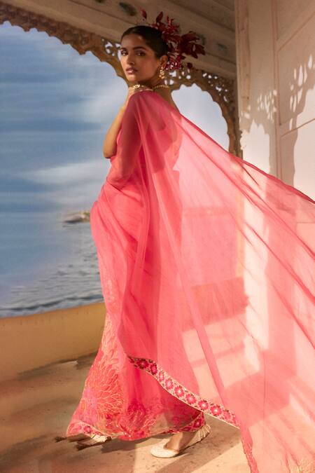 Shop_Rajiramniq_Pink Saree  Organza Printed Floral With Unstitched Blouse Fabric _Online_at_Aza_Fashions