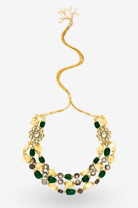 Shop PRERTO Green Zahira Embellished Layered Necklace at Aza Fashions Shop_PRERTO_Green Zahira Embellished Layered Necklace_at_Aza_Fashions