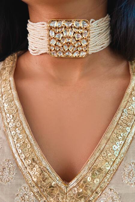 PRERTO_White Liba Embellished Choker_Online_at_Aza_Fashions