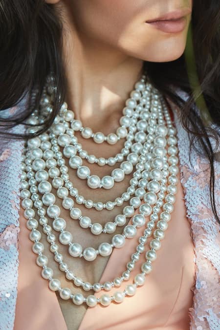 PRERTO White Lumi Embellished Layered Necklace
