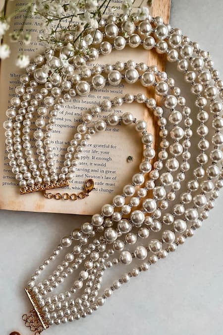 Shop PRERTO White Lumi Embellished Layered Necklace at Aza Fashions Shop_PRERTO_White Lumi Embellished Layered Necklace _at_Aza_Fashions