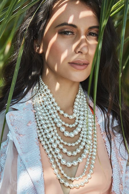 PRERTO White Lumi Embellished Layered Necklace Online at Aza Fashions PRERTO_White Lumi Embellished Layered Necklace _Online_at_Aza_Fashions