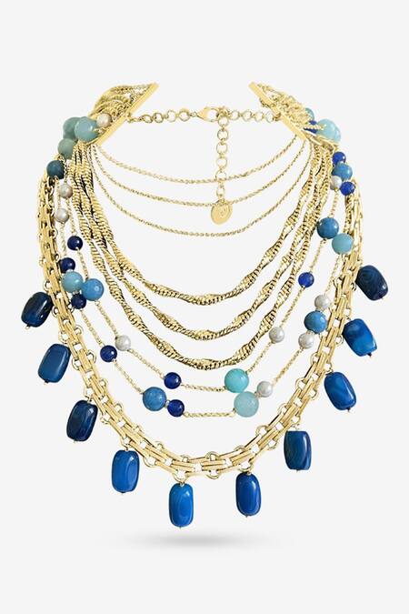 Shop PRERTO Blue Oceana Embellished Layered Necklace at Aza Fashions Shop_PRERTO_Blue Oceana Embellished Layered Necklace_at_Aza_Fashions